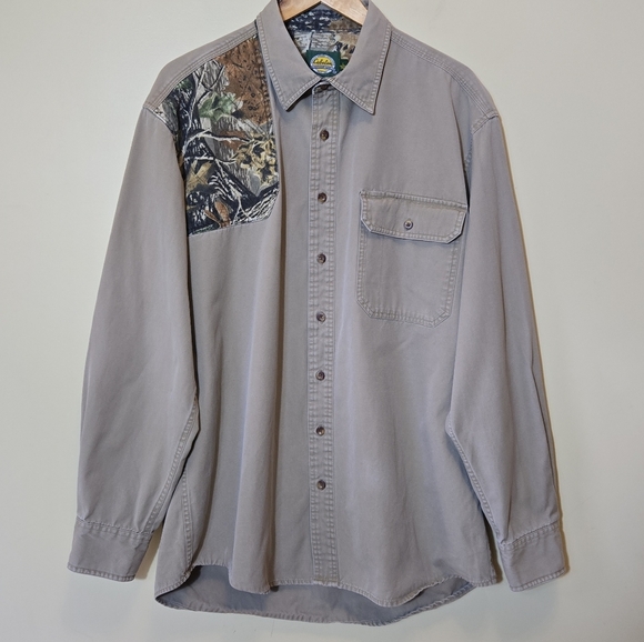 Cabelas Mens Shooting Shirt L Tall Button Up Quilted Shoulder Camo Tan Canvas - Picture 1 of 14